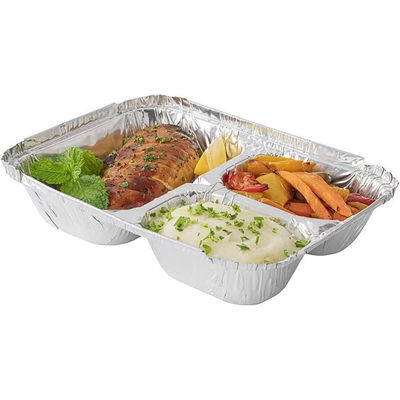 3 Compartment Rectangular Aluminum Foil Plate Food Container With Flat Lids Disposable